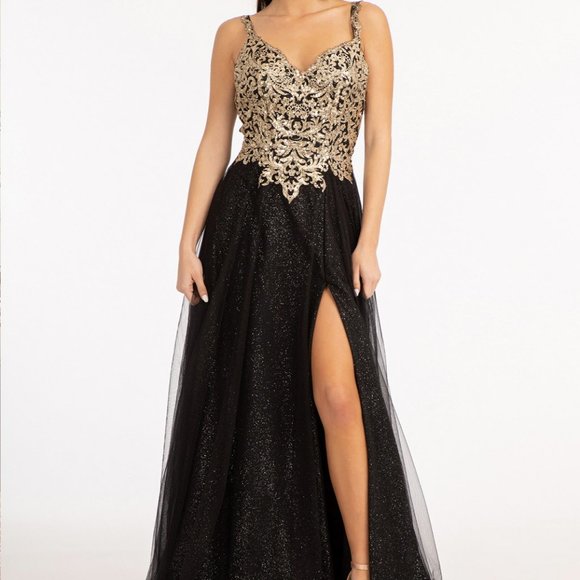 BLACK NEW Sequin Embellished Bodice V-Neck A-Line Prom Dress Leg Slit DRESS 3020